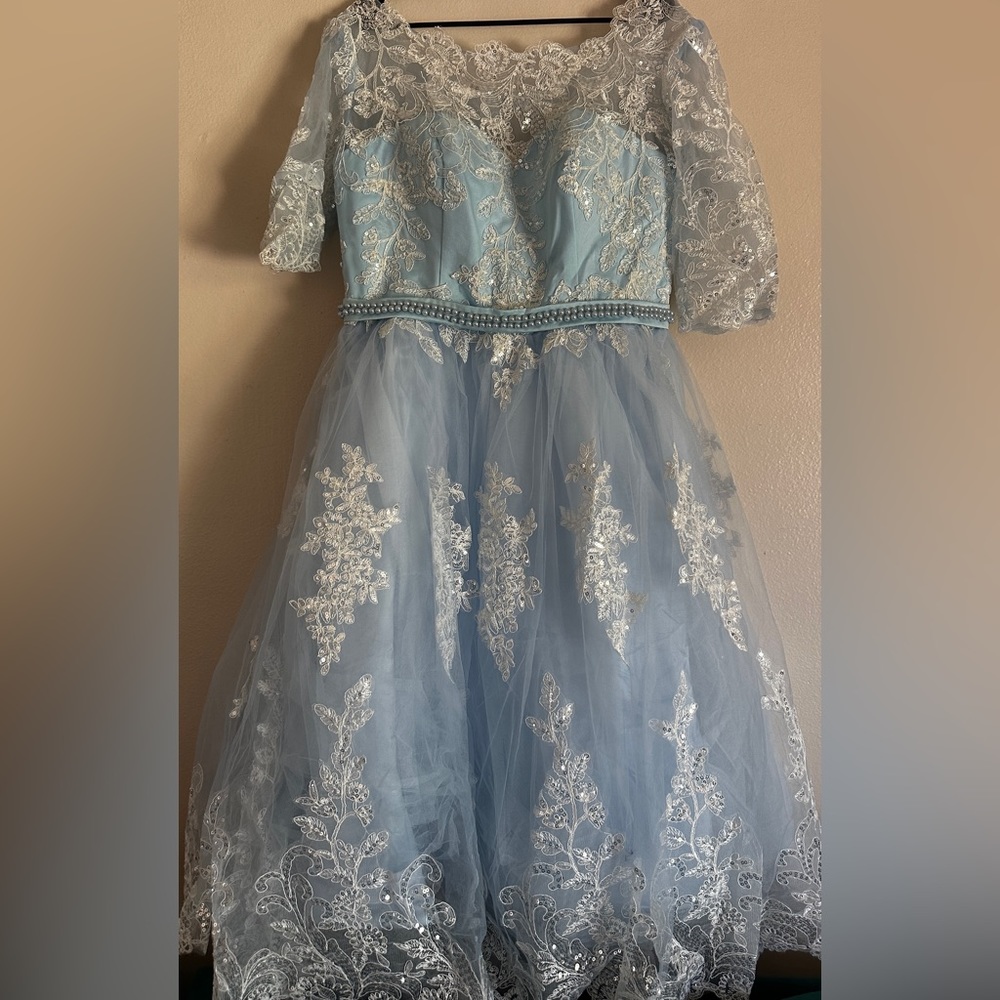 Handmade Cinderella Blue Dress with Floral Lace & Beads